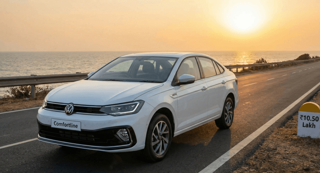 Volkswagen Virtus Comfortline Exterior White Volkswagen Virtus 2026 Comfortline sedan parked on a coastal road during sunset