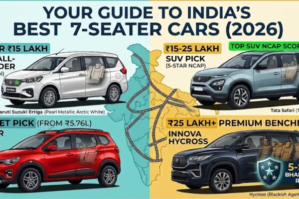 Infographic titled "Your Guide to India's Best 7-Seater Cars (2026)" showcasing four recommended 7-seater vehicles across different price segments. It highlights the Maruti Suzuki Ertiga as the best all-rounder under ₹15 lakh with 20.51 kmpl mileage, the Renault Triber as the budget pick from ₹5.76 lakh, the Tata Safari as the best SUV pick in the ₹15–25 lakh range with a 5-star NCAP safety rating, and the Toyota Innova Hycross as the premium benchmark above ₹25 lakh with a 5-star Bharat NCAP rating. The cars are displayed around a stylized map of India.