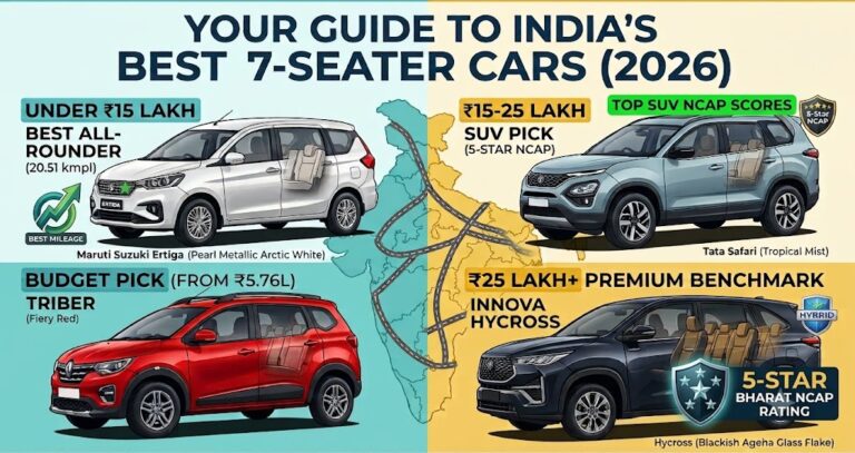 Infographic titled "Your Guide to India's Best 7-Seater Cars (2026)" showcasing four recommended 7-seater vehicles across different price segments. It highlights the Maruti Suzuki Ertiga as the best all-rounder under ₹15 lakh with 20.51 kmpl mileage, the Renault Triber as the budget pick from ₹5.76 lakh, the Tata Safari as the best SUV pick in the ₹15–25 lakh range with a 5-star NCAP safety rating, and the Toyota Innova Hycross as the premium benchmark above ₹25 lakh with a 5-star Bharat NCAP rating. The cars are displayed around a stylized map of India.