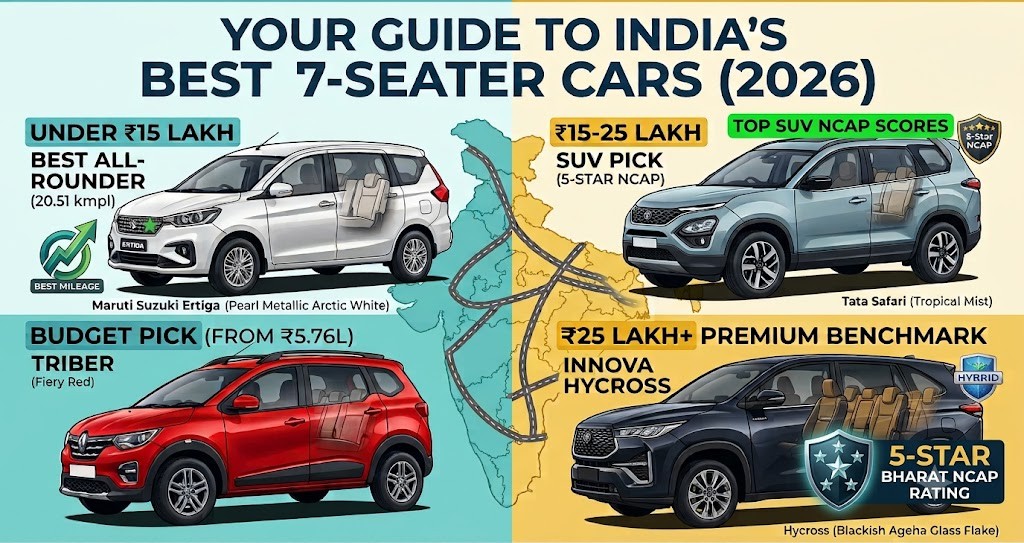 Infographic titled "Your Guide to India's Best 7-Seater Cars (2026)" showcasing four recommended 7-seater vehicles across different price segments. It highlights the Maruti Suzuki Ertiga as the best all-rounder under ₹15 lakh with 20.51 kmpl mileage, the Renault Triber as the budget pick from ₹5.76 lakh, the Tata Safari as the best SUV pick in the ₹15–25 lakh range with a 5-star NCAP safety rating, and the Toyota Innova Hycross as the premium benchmark above ₹25 lakh with a 5-star Bharat NCAP rating. The cars are displayed around a stylized map of India.