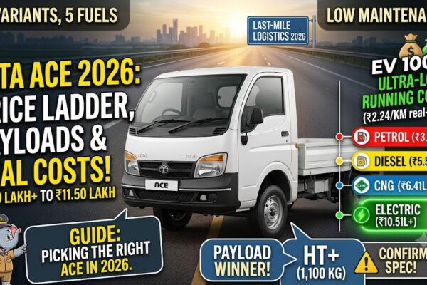 A 2026 Tata Ace infographic thumbnail titled "TATA ACE 2026: PRICE LADDER, PAYLOADS & REAL COSTS!" It shows a modern white Tata Ace truck on an Indian highway with a "Chhota Hathi" mascot in a driver's cap holding a guide pointing to fuel cards: PETROL (₹3.99L+, ₹5.84/KM), DIESEL (₹5.55L+, ₹5.60/KM), CNG (₹6.41L+, ₹4.86/KM), and ELECTRIC (₹10.51L+, ₹2.24/KM). Large green text highlights "ACE EV: ULTRA-LOW COSTS! (₹2.24/KM real-world)". Other tags mention "₹3.99 LAKH TO ₹11.50 LAKH", "9+ VARIANTS, 5 FUELS", "LOW MAINTENANCE?", "LAST-MILE LOGISTICS", "PAYLOAD GUIDE", and "CONFIRM HT+ SPEC"