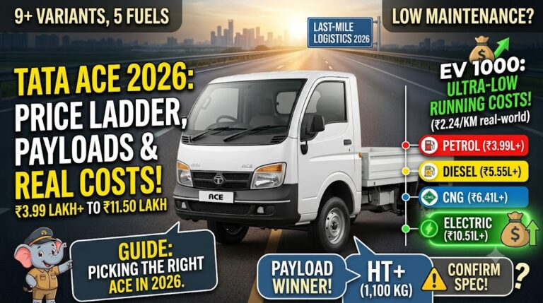 A 2026 Tata Ace infographic thumbnail titled "TATA ACE 2026: PRICE LADDER, PAYLOADS & REAL COSTS!" It shows a modern white Tata Ace truck on an Indian highway with a "Chhota Hathi" mascot in a driver's cap holding a guide pointing to fuel cards: PETROL (₹3.99L+, ₹5.84/KM), DIESEL (₹5.55L+, ₹5.60/KM), CNG (₹6.41L+, ₹4.86/KM), and ELECTRIC (₹10.51L+, ₹2.24/KM). Large green text highlights "ACE EV: ULTRA-LOW COSTS! (₹2.24/KM real-world)". Other tags mention "₹3.99 LAKH TO ₹11.50 LAKH", "9+ VARIANTS, 5 FUELS", "LOW MAINTENANCE?", "LAST-MILE LOGISTICS", "PAYLOAD GUIDE", and "CONFIRM HT+ SPEC"
