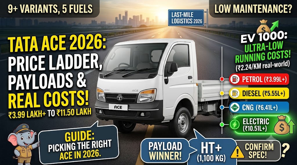 A 2026 Tata Ace infographic thumbnail titled "TATA ACE 2026: PRICE LADDER, PAYLOADS & REAL COSTS!" It shows a modern white Tata Ace truck on an Indian highway with a "Chhota Hathi" mascot in a driver's cap holding a guide pointing to fuel cards: PETROL (₹3.99L+, ₹5.84/KM), DIESEL (₹5.55L+, ₹5.60/KM), CNG (₹6.41L+, ₹4.86/KM), and ELECTRIC (₹10.51L+, ₹2.24/KM). Large green text highlights "ACE EV: ULTRA-LOW COSTS! (₹2.24/KM real-world)". Other tags mention "₹3.99 LAKH TO ₹11.50 LAKH", "9+ VARIANTS, 5 FUELS", "LOW MAINTENANCE?", "LAST-MILE LOGISTICS", "PAYLOAD GUIDE", and "CONFIRM HT+ SPEC"