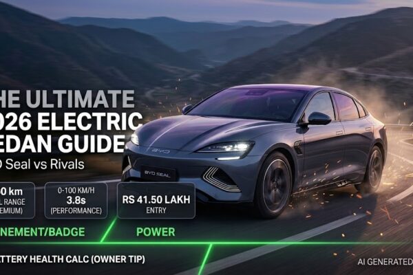 Comparison infographic showcasing a dynamic high-performance image of the dark grey BYD Seal electric sedan drifting on a winding mountain road, with floated data tags highlighting its real-world range, acceleration, and entry price.