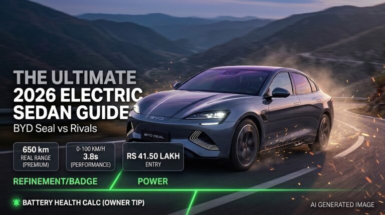 Comparison infographic showcasing a dynamic high-performance image of the dark grey BYD Seal electric sedan drifting on a winding mountain road, with floated data tags highlighting its real-world range, acceleration, and entry price.