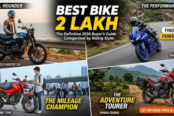 A 2x2 grid collage layout featuring four motorcycle categories to help buyers choose. The grid is titled "BEST BIKE UNDER 2 LAKH" in large white and yellow text, with the subtitle "The Definitive 2026 Buyer’s Guide – Categorized by Riding Style!