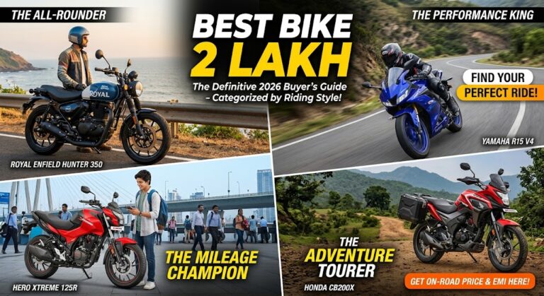 A 2x2 grid collage layout featuring four motorcycle categories to help buyers choose. The grid is titled "BEST BIKE UNDER 2 LAKH" in large white and yellow text, with the subtitle "The Definitive 2026 Buyer’s Guide – Categorized by Riding Style!