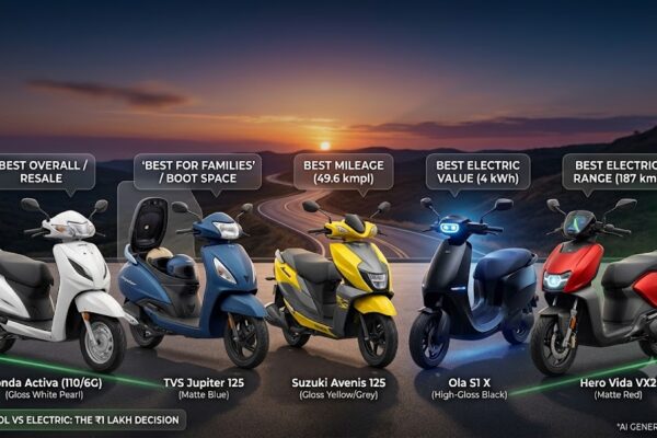 Comprehensive visual guide of the five best scooty models in India for under ₹1 lakh in 2026, comparing top petrol and electric options lined up on a scenic road with floating data tags.