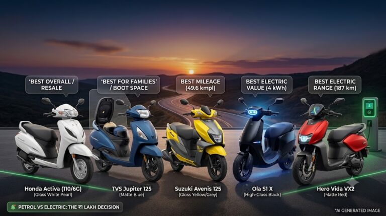 Comprehensive visual guide of the five best scooty models in India for under ₹1 lakh in 2026, comparing top petrol and electric options lined up on a scenic road with floating data tags.