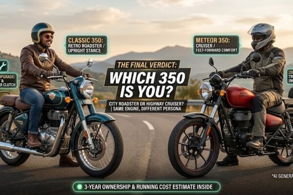 A realistic side-by-side comparison visualization of a custom teal 2026 Royal Enfield Classic 350 and a custom red 2026 Meteor 350 on a scenic mountain road. The image features a clean header space and various data callout tags highlighting their 2026 upgrades and distinct riding postures.