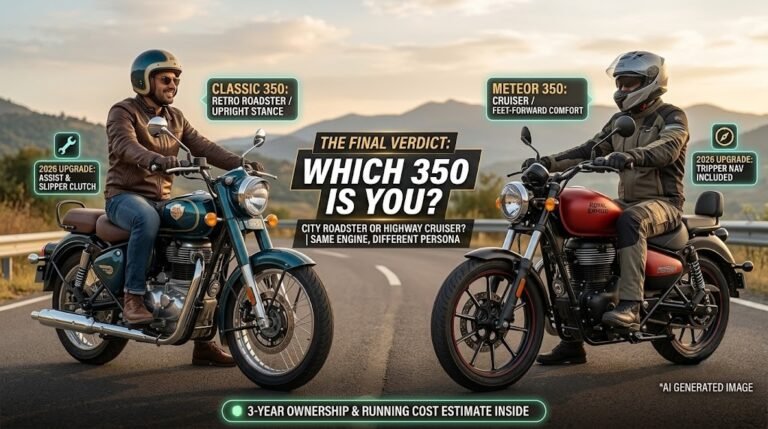 A realistic side-by-side comparison visualization of a custom teal 2026 Royal Enfield Classic 350 and a custom red 2026 Meteor 350 on a scenic mountain road. The image features a clean header space and various data callout tags highlighting their 2026 upgrades and distinct riding postures.