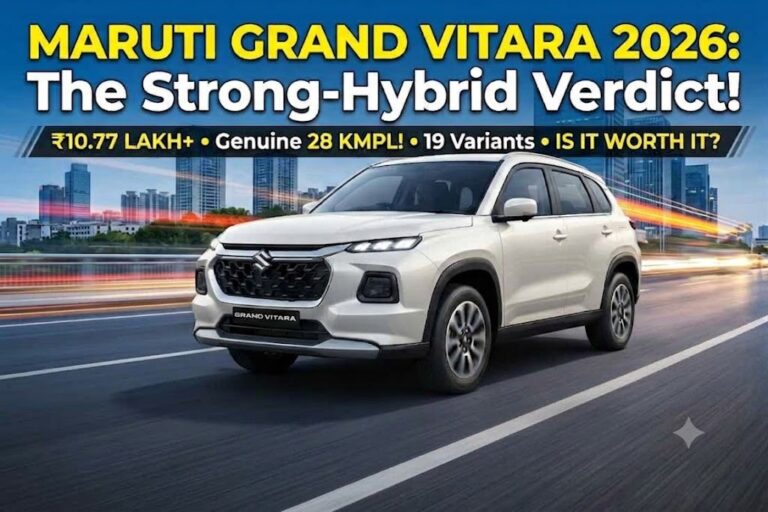 Maruti Grand Vitara 2026 SUV driving on a modern city road with bold review verdict text