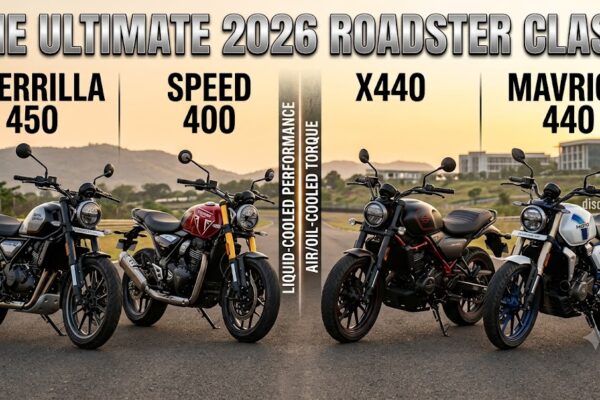 Four roadster motorcycles, Royal Enfield Guerrilla 450, Triumph Speed 400, Harley-Davidson X440, and Hero Mavrick 440, lined up on an open tarmac track with hill background.