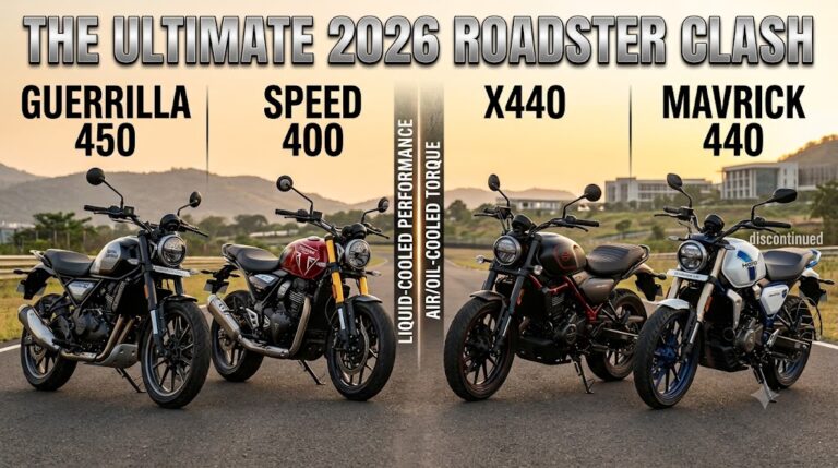 Four roadster motorcycles, Royal Enfield Guerrilla 450, Triumph Speed 400, Harley-Davidson X440, and Hero Mavrick 440, lined up on an open tarmac track with hill background.