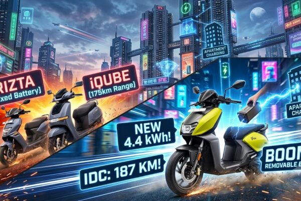 A dynamic split-screen graphic showcasing the Hero Vida VX2 Plus electric scooter in neon lime green on the right, with a hand removing its battery pack beneath an "Apartment Charging" neon sign. The left side features the Ather Rizta and TVS iQube scooters against a fiery orange background. Neon digital tags display "NEW 4.4 kWh!", "IDC: 187 KM!", and "BOOM! REMOVABLE BATT." over a futuristic, motion-blurred Indian cityscape at night.