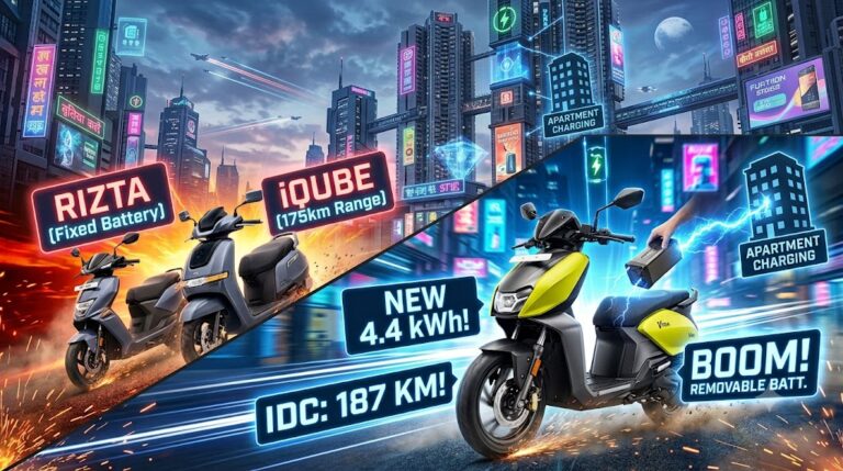 A dynamic split-screen graphic showcasing the Hero Vida VX2 Plus electric scooter in neon lime green on the right, with a hand removing its battery pack beneath an "Apartment Charging" neon sign. The left side features the Ather Rizta and TVS iQube scooters against a fiery orange background. Neon digital tags display "NEW 4.4 kWh!", "IDC: 187 KM!", and "BOOM! REMOVABLE BATT." over a futuristic, motion-blurred Indian cityscape at night.