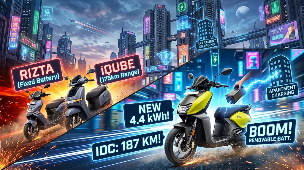 A dynamic split-screen graphic showcasing the Hero Vida VX2 Plus electric scooter in neon lime green on the right, with a hand removing its battery pack beneath an "Apartment Charging" neon sign. The left side features the Ather Rizta and TVS iQube scooters against a fiery orange background. Neon digital tags display "NEW 4.4 kWh!", "IDC: 187 KM!", and "BOOM! REMOVABLE BATT." over a futuristic, motion-blurred Indian cityscape at night.
