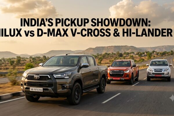 Three pickup trucks—Toyota Hilux, Isuzu D-Max V-Cross, and Isuzu D-Max Hi-Lander—driving along a scenic highway in India at golden hour, with bold feature text reading "India's Pickup Showdown: Hilux vs D-Max V-Cross & Hi-Lander
