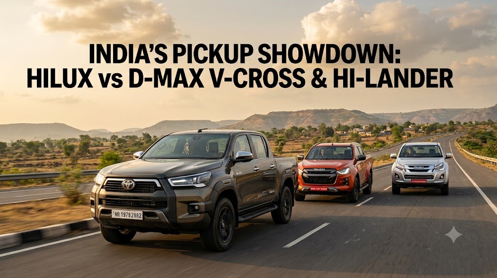 Three pickup trucks—Toyota Hilux, Isuzu D-Max V-Cross, and Isuzu D-Max Hi-Lander—driving along a scenic highway in India at golden hour, with bold feature text reading "India's Pickup Showdown: Hilux vs D-Max V-Cross & Hi-Lander