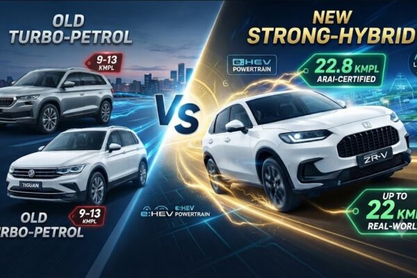 Comparison graphic between a silver Skoda Kodiaq, white Volkswagen Tiguan, and a white Honda ZR-V e:HEV hybrid SUV, highlighting superior fuel efficiency, ARAI-certified mileage, and hybrid technology contrast.