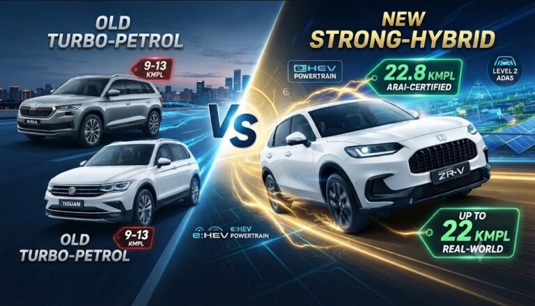 Comparison graphic between a silver Skoda Kodiaq, white Volkswagen Tiguan, and a white Honda ZR-V e:HEV hybrid SUV, highlighting superior fuel efficiency, ARAI-certified mileage, and hybrid technology contrast.