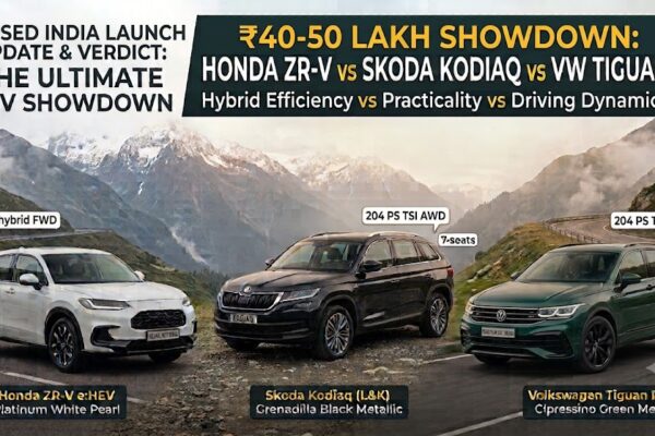 Comparison photo of three premium SUVs, Honda ZR-V in white, Skoda Kodiaq in black, and Volkswagen Tiguan R-Line in green, parked on a winding mountain road.