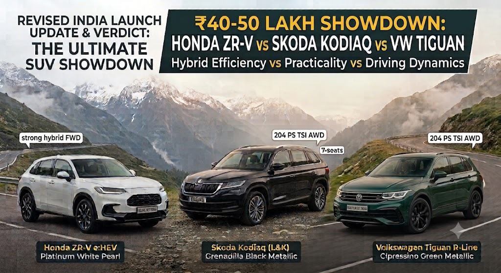Comparison photo of three premium SUVs, Honda ZR-V in white, Skoda Kodiaq in black, and Volkswagen Tiguan R-Line in green, parked on a winding mountain road.
