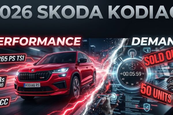 A promotional infographic image, based on image_2.png, for the "2026 SKODA KODIAQ". The main header is retained, as is the split screen layout between "PERFORMANCE" (left) and "DEMAND" (right). On the left, a new dynamic red Skoda Kodiaq RS is shown, and the performance spec boxes are updated with new values: "295 PS TSI", "5.9s 0-100", and a new "Adaptive AWD" label below "DCC". The right "DEMAND" panel features the existing countdown clock, "SOLD OUT", "50 UNITS ONLY", and user interface, but the electric lightning split effect is more extensive, featuring more purple lightning in the data and clock panel. All other text and layout elements are preserved.