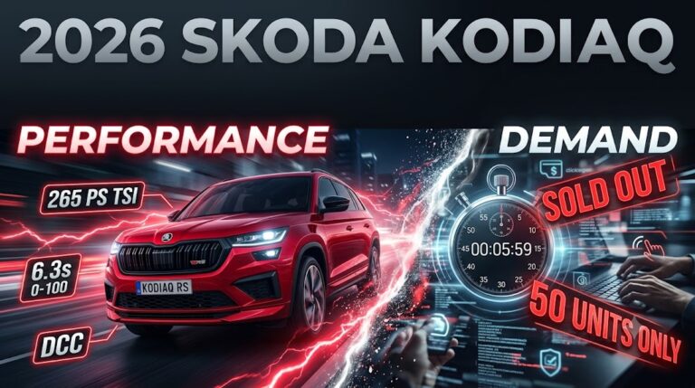 A promotional infographic image, based on image_2.png, for the "2026 SKODA KODIAQ". The main header is retained, as is the split screen layout between "PERFORMANCE" (left) and "DEMAND" (right). On the left, a new dynamic red Skoda Kodiaq RS is shown, and the performance spec boxes are updated with new values: "295 PS TSI", "5.9s 0-100", and a new "Adaptive AWD" label below "DCC". The right "DEMAND" panel features the existing countdown clock, "SOLD OUT", "50 UNITS ONLY", and user interface, but the electric lightning split effect is more extensive, featuring more purple lightning in the data and clock panel. All other text and layout elements are preserved.