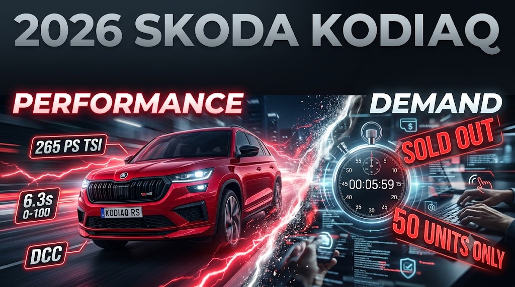 A promotional infographic image, based on image_2.png, for the "2026 SKODA KODIAQ". The main header is retained, as is the split screen layout between "PERFORMANCE" (left) and "DEMAND" (right). On the left, a new dynamic red Skoda Kodiaq RS is shown, and the performance spec boxes are updated with new values: "295 PS TSI", "5.9s 0-100", and a new "Adaptive AWD" label below "DCC". The right "DEMAND" panel features the existing countdown clock, "SOLD OUT", "50 UNITS ONLY", and user interface, but the electric lightning split effect is more extensive, featuring more purple lightning in the data and clock panel. All other text and layout elements are preserved.