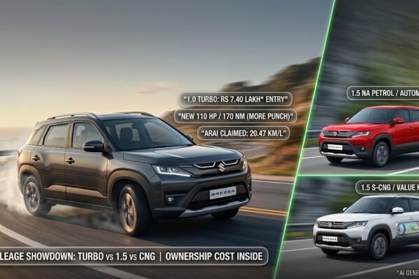 A dynamic high-resolution comparison infographic image showcasing the new 2026 Maruti Brezza lineup, featuring a gray Boosterjet turbo model drifting cornering with a callout bubble to a red 1.5 petrol and white S-CNG variant, with floating data tags for launch price and performance.