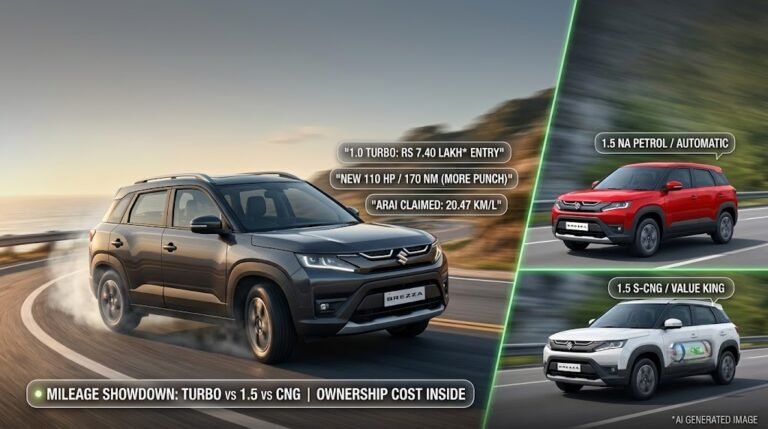 A dynamic high-resolution comparison infographic image showcasing the new 2026 Maruti Brezza lineup, featuring a gray Boosterjet turbo model drifting cornering with a callout bubble to a red 1.5 petrol and white S-CNG variant, with floating data tags for launch price and performance.