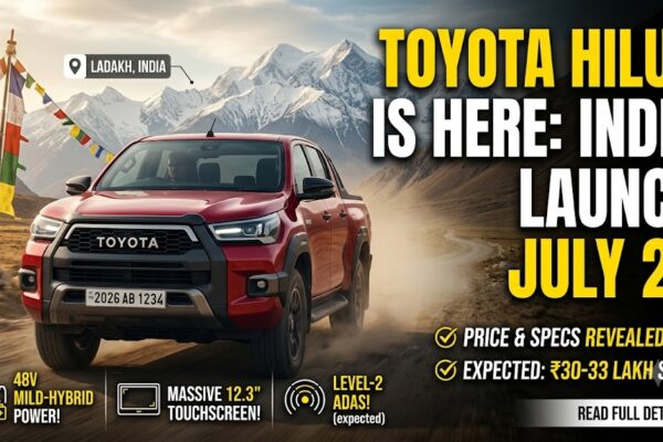 Red 9th-gen Toyota Hilux driving off-road in Ladakh, with text announcing the India launch on July 28, expected price of 30 to 33 lakh, and key specs like hybrid power and ADAS.