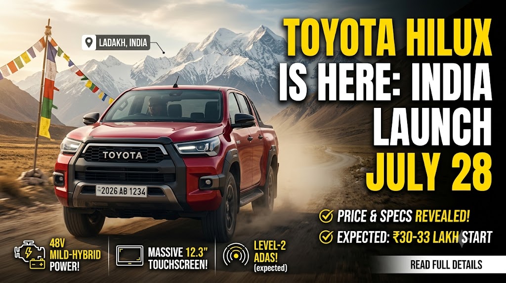 Red 9th-gen Toyota Hilux driving off-road in Ladakh, with text announcing the India launch on July 28, expected price of 30 to 33 lakh, and key specs like hybrid power and ADAS.