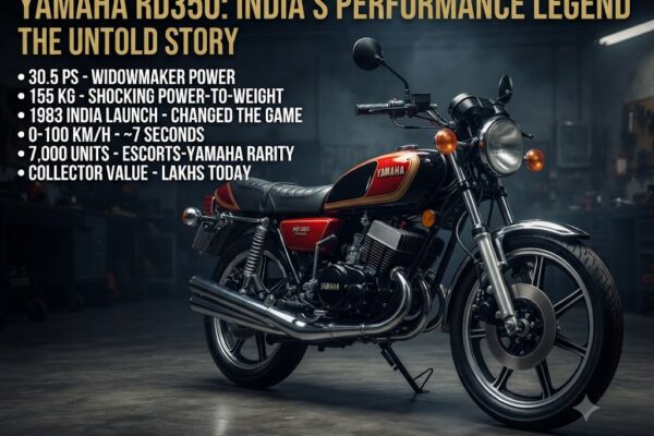 Studio photograph of a vintage red and black Yamaha RD350 motorcycle, highlighting its iconic 30.5 PS two-stroke engine, 155 kg weight, and 1983 heritage as India’s first performance 'Widowmaker' bike.