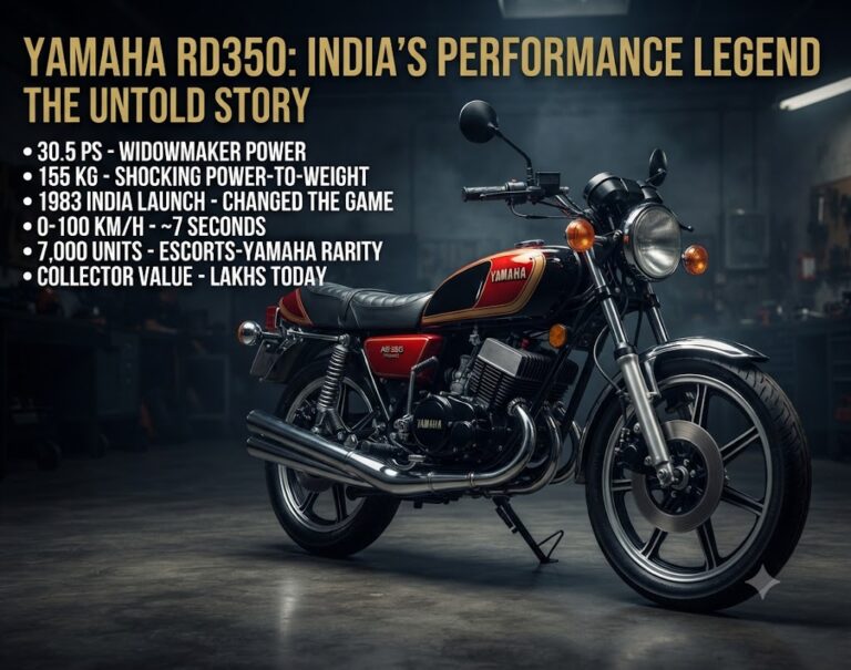 Studio photograph of a vintage red and black Yamaha RD350 motorcycle, highlighting its iconic 30.5 PS two-stroke engine, 155 kg weight, and 1983 heritage as India’s first performance 'Widowmaker' bike.