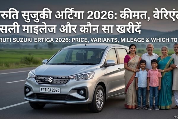 Maruti Suzuki Ertiga 2026 family standing next to the silver MPV on a highway, featuring pricing, mileage, and variant details in Hindi and English text.