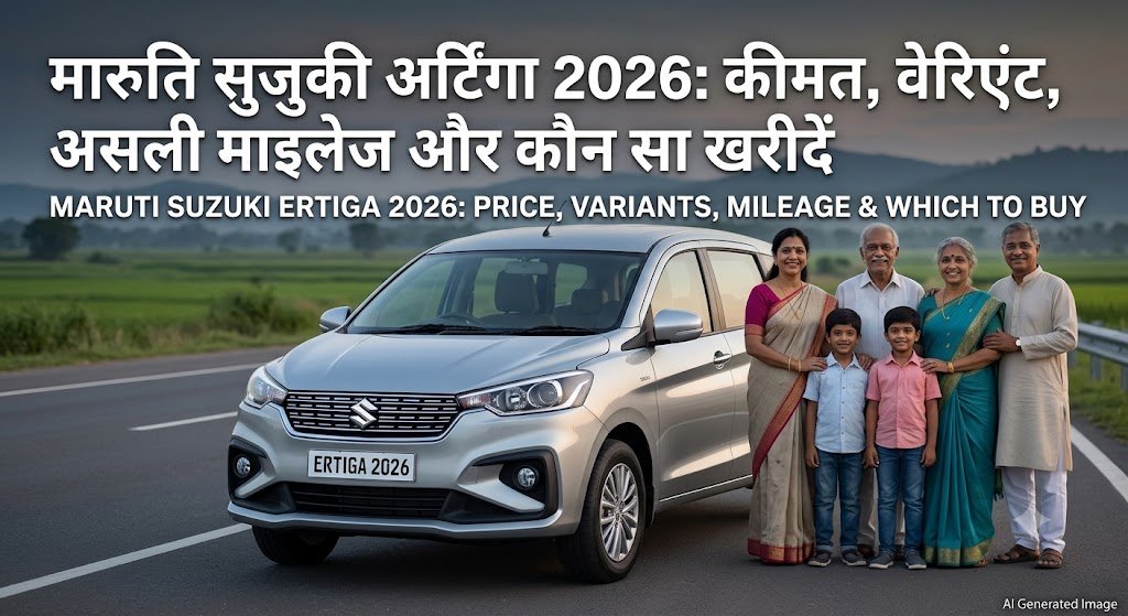 Maruti Suzuki Ertiga 2026 family standing next to the silver MPV on a highway, featuring pricing, mileage, and variant details in Hindi and English text.