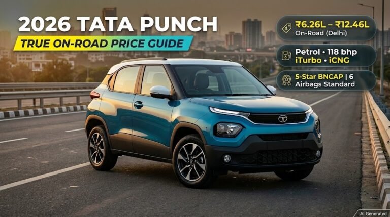 2026 Tata Punch True On-Road Price Guide feature banner showing ₹6.26L to ₹12.46L Delhi price range, 118 bhp iTurbo and iCNG options, and 5-Star BNCAP rating